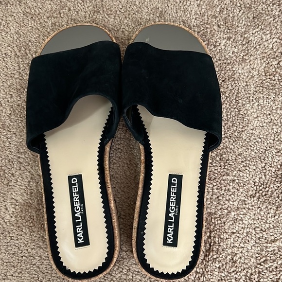 Karl Lagerfeld Cher Suede Cork Mule Sandals Black - Picture 3 of 7